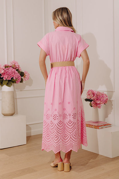 Classic Moment Eyelet Midi Dress in Pink