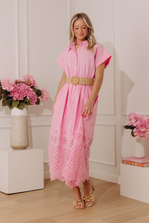 Classic Moment Eyelet Midi Dress in Pink