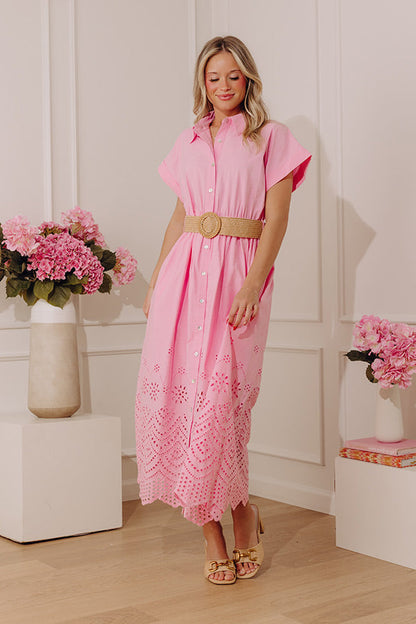 Classic Moment Eyelet Midi Dress in Pink