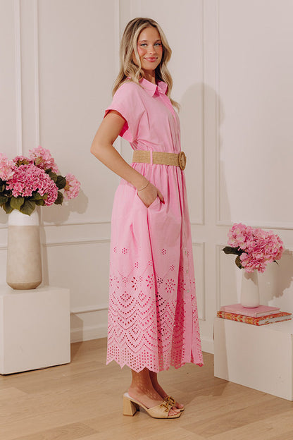 Classic Moment Eyelet Midi Dress in Pink