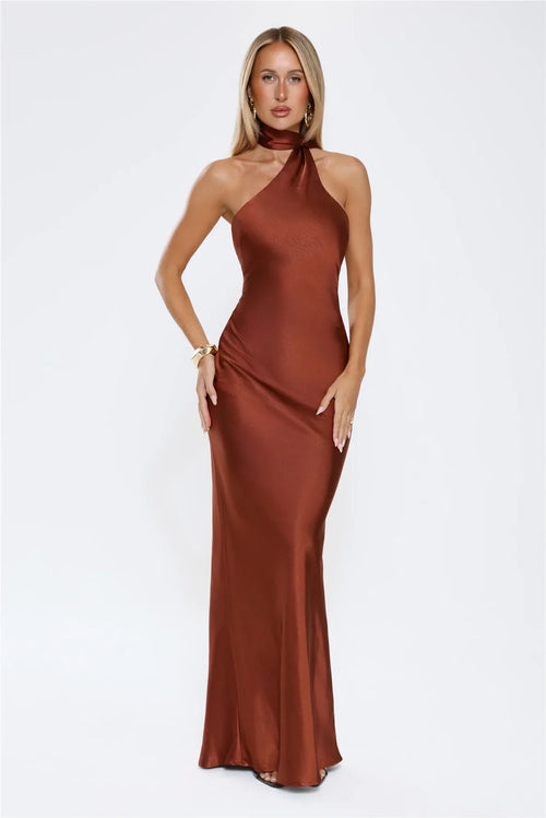 Cinnamon Glaze Halter Satin Maxi Dress Brown