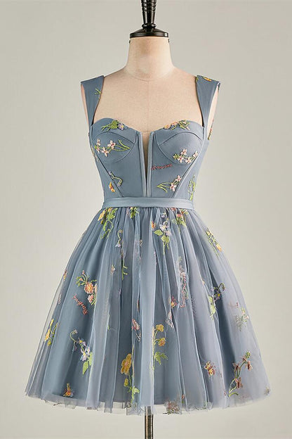 Cap Sleeves Green Floral Short Dress