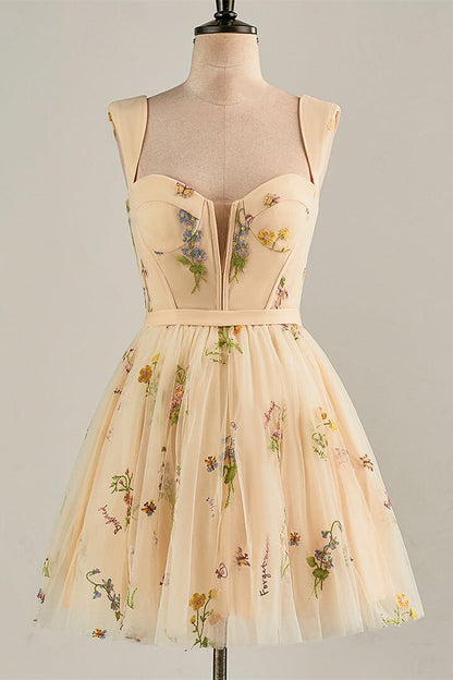 Cap Sleeves Green Floral Short Dress