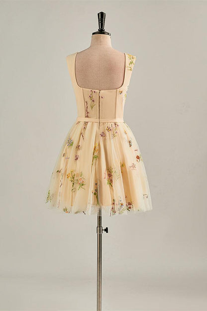 Cap Sleeves Green Floral Short Dress