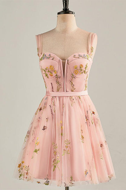 Cap Sleeves Green Floral Short Dress