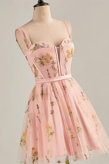 Cap Sleeves Green Floral Short Dress