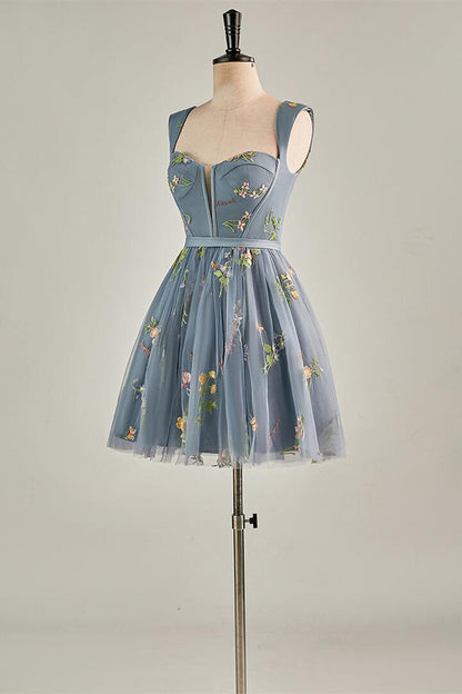 Cap Sleeves Green Floral Short Dress