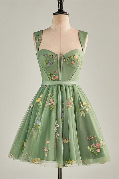 Cap Sleeves Green Floral Short Dress