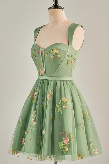 Cap Sleeves Green Floral Short Dress