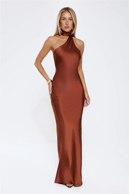Cinnamon Glaze Halter Satin Maxi Dress Brown