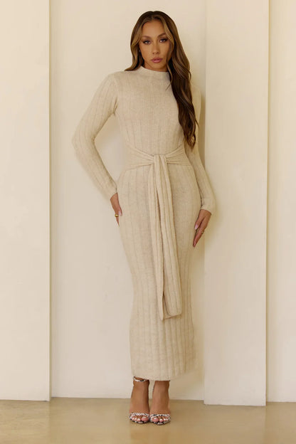 Chilly Nights Knit Long Sleeve Maxi Dress Cream