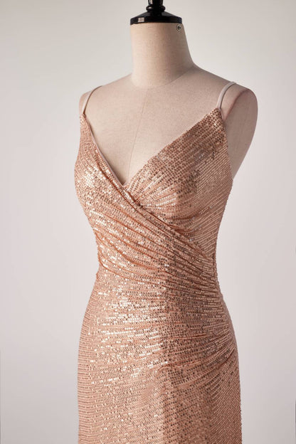 Champagne Sequin Pleated Mermaid Long Party Dress