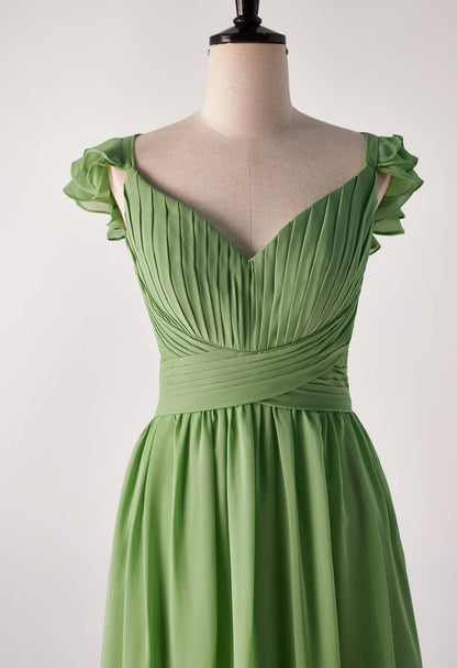 Flare Straps Matcha Green Long Bridesmaid Dress