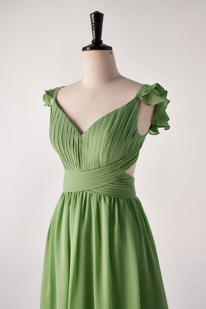 Flare Straps Matcha Green Long Bridesmaid Dress