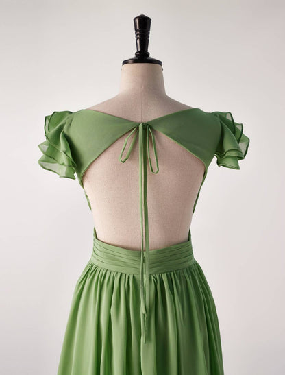 Flare Straps Matcha Green Long Bridesmaid Dress