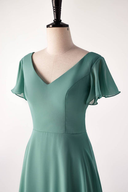 Flare Sleeves Eucalyptus Chiffon Long Bridesmaid Dress