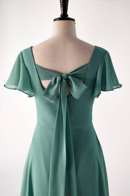 Flare Sleeves Eucalyptus Chiffon Long Bridesmaid Dress