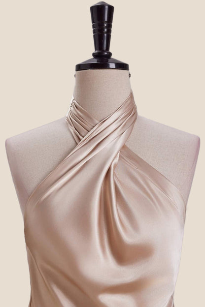 Cross Halter Champagne Satin Long Party Dress