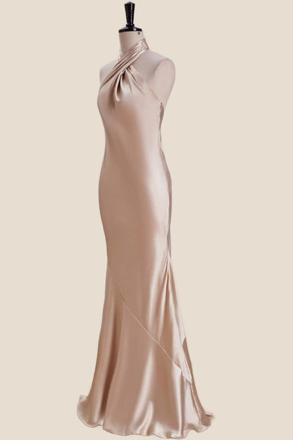 Cross Halter Champagne Satin Long Party Dress