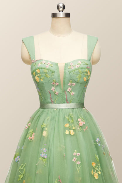 Green Floral A-line Short Princess Dress with Square Neck