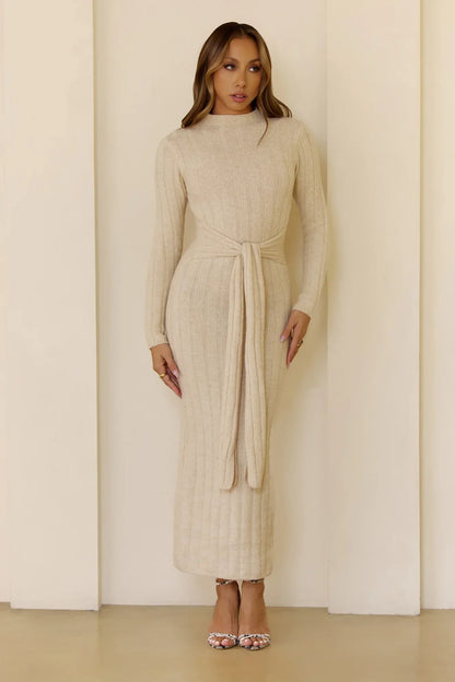 Chilly Nights Knit Long Sleeve Maxi Dress Cream
