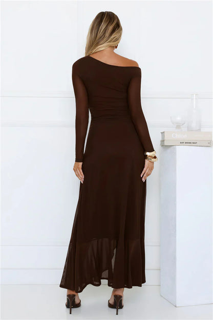 Chic Mesh One Shoulder Maxi Dress Brown