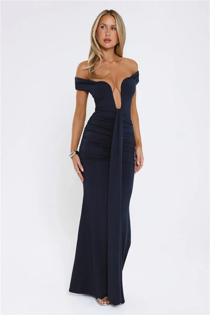 Chic Serenity Off Shoulder Maxi Dress Navy