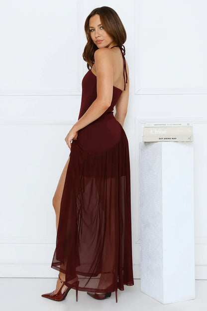 Champagne Evenings Halter Maxi Dress Burgundy