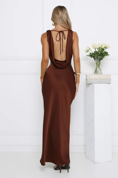 Effortless Appeal Satin Maxi Dress Brown