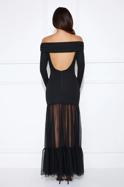 Captivating Gaze Off Shoulder Maxi Dress Black