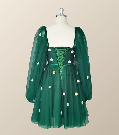 Daisy Embroiderd Blue Puffy Sleeves Mini Dress