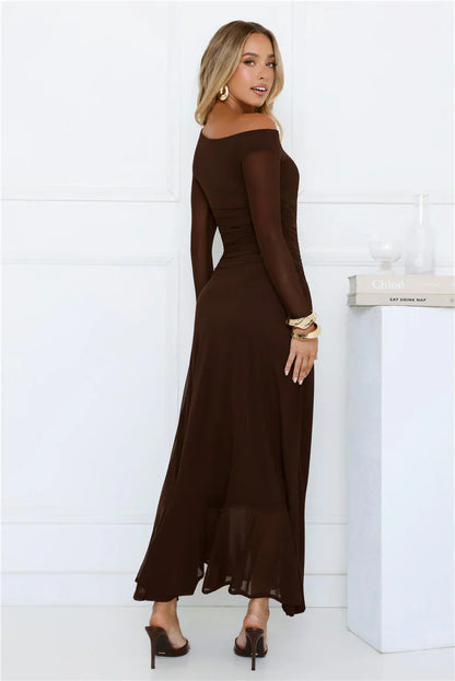 Chic Mesh One Shoulder Maxi Dress Brown