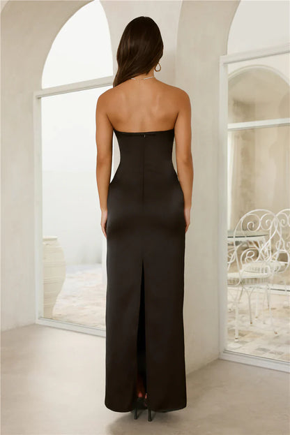 Dream In Style Strapless Satin Maxi Dress Black