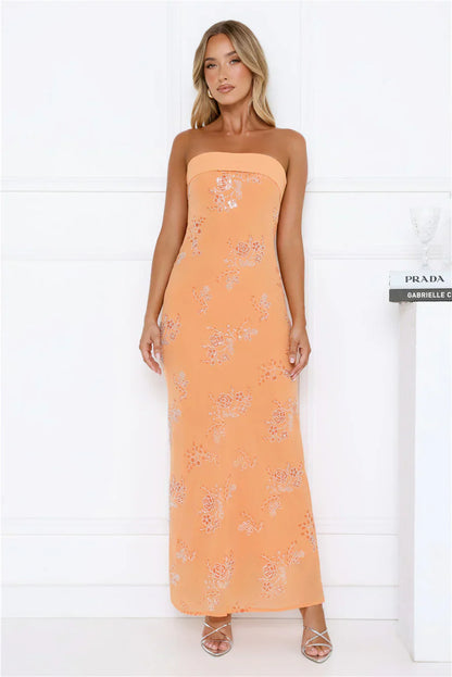 Downtown Glow Sequin Strapless Maxi Dress Orange