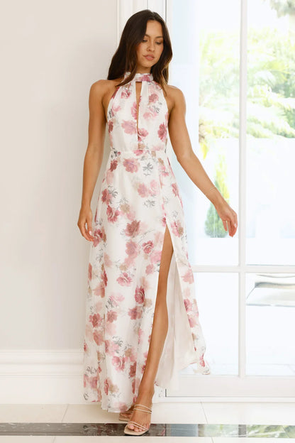 Autumn Florals Halter Maxi Dress Pink