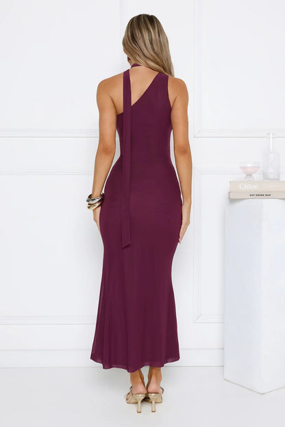 Aurora Elegance One Shoulder Mesh Maxi Dress Plum