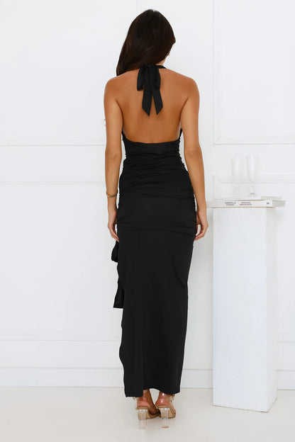 Electric Bloom Halter Maxi Dress Black