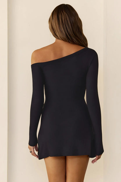 BASE Luxe Rib Off Shoulder Long Sleeve Mini Dress Black