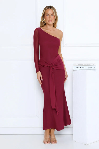 Dressed In Love One Shoulder Mesh Maxi Dress Plum