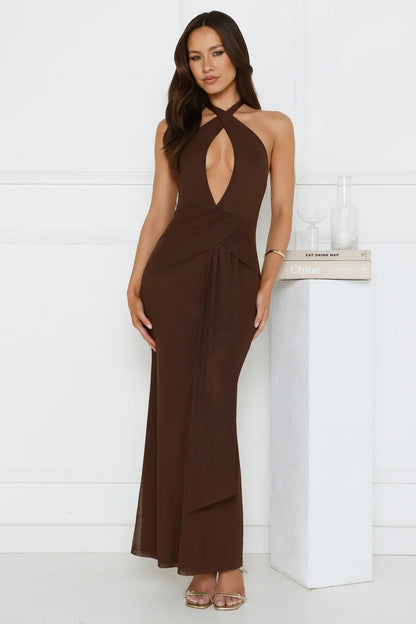 Daily Investment Halter Maxi Dress Brown