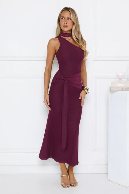 Aurora Elegance One Shoulder Mesh Maxi Dress Plum