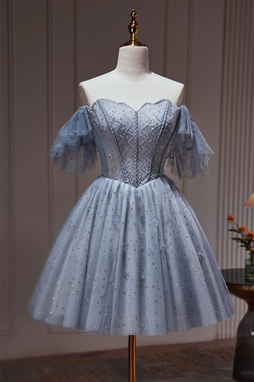 Grey Beaded Off the Shoulder Corset Princess Dress