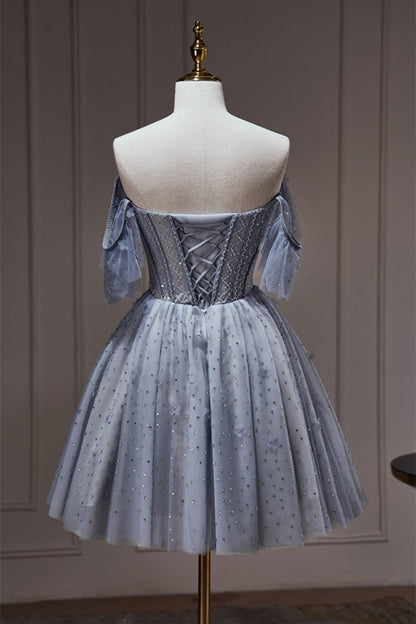 Grey Beaded Off the Shoulder Corset Princess Dress