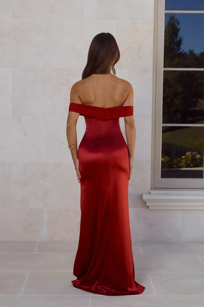 Couture Enchantment Off Shoulder Maxi Dress Red