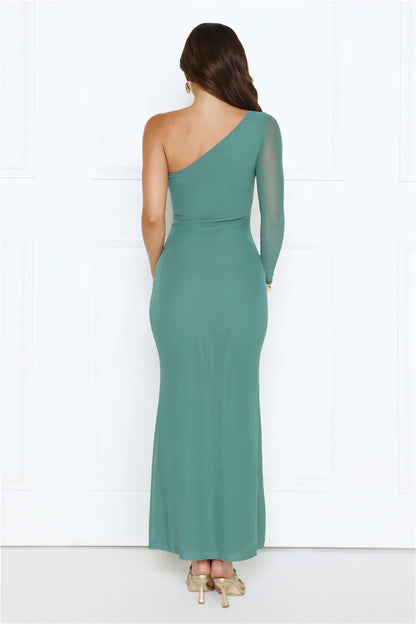 Dressed In Love One Shoulder Mesh Maxi Dress Green