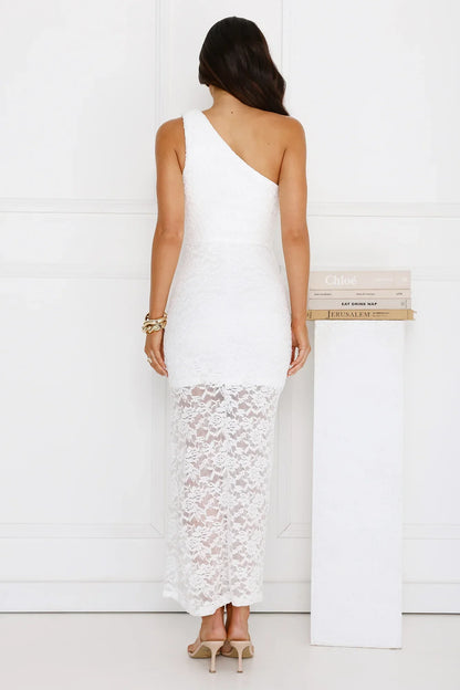 Champagne Crush One Shoulder Lace Maxi Dress White