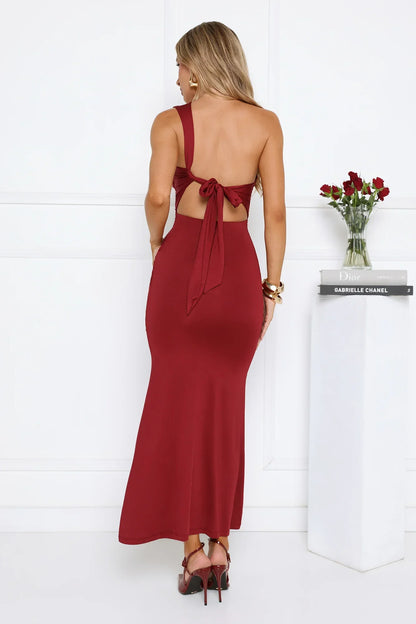 Alluring Ruched One Shoulder Maxi Dress Burgundy