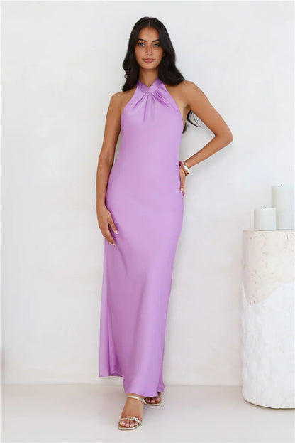 Delicate Dazzle Halter Satin Maxi Dress Purple