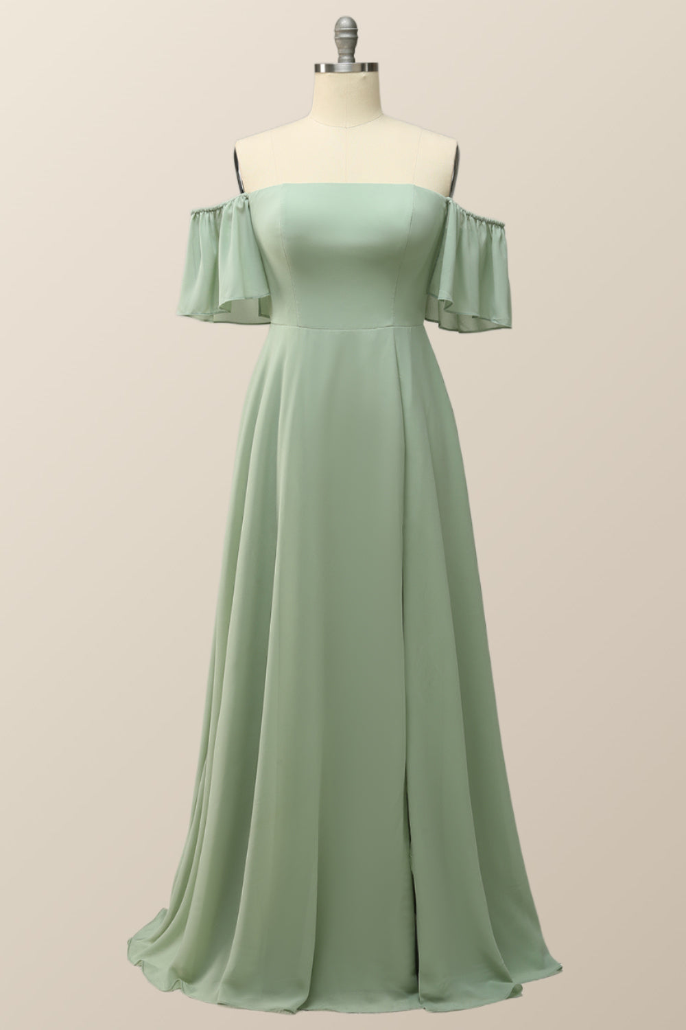 Off the Shoulder Sage Green Chiffon Long Bridesmaid Dress