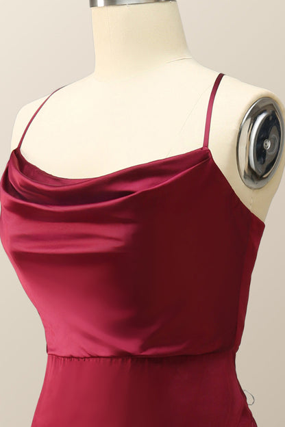 Cowl Neck Wine Red Straps Long Evening Dress